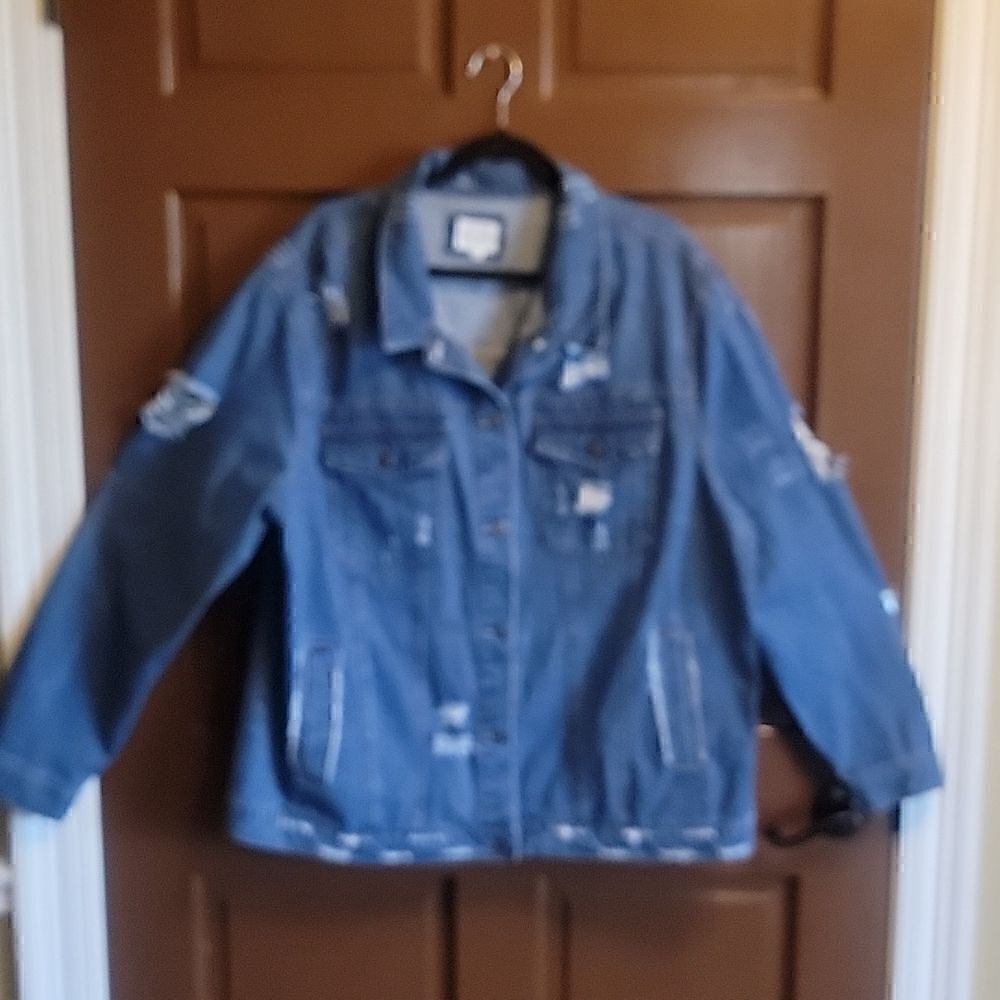 Basic Denim- Jean Jkt. Blue. Distressed look & 3 cutouts in back. 3X